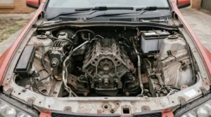 Intact engine and battery in a scrap car's engine bay, key factors in scrap car worth in Adelaide