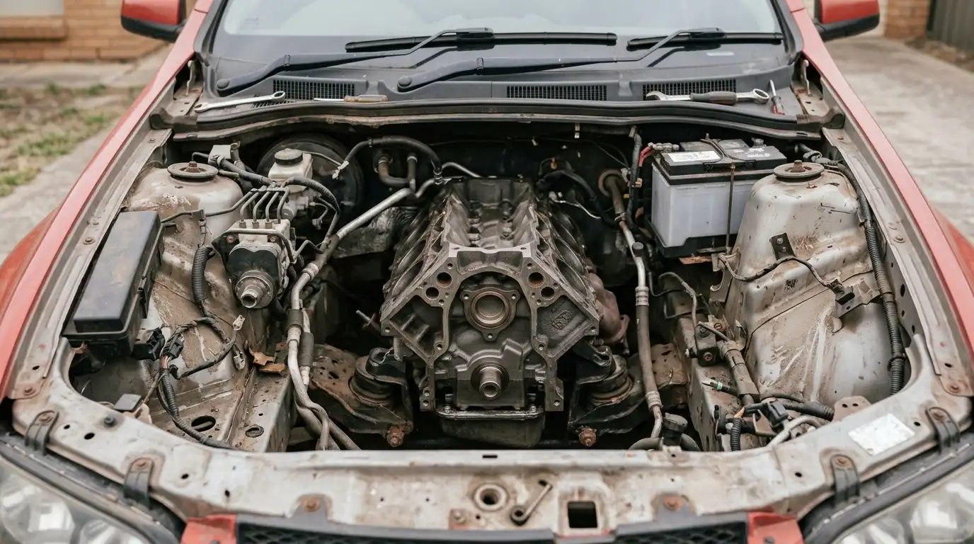 Intact engine and battery in a scrap car's engine bay, key factors in scrap car worth in Adelaide
