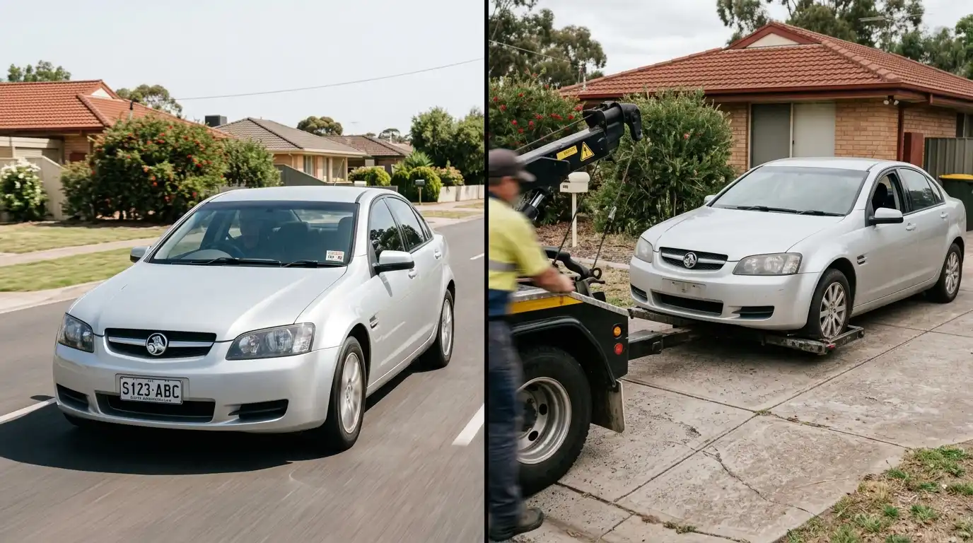 Comparison of a registered car driving on the road versus an unregistered car being towed for removal in Adelaide