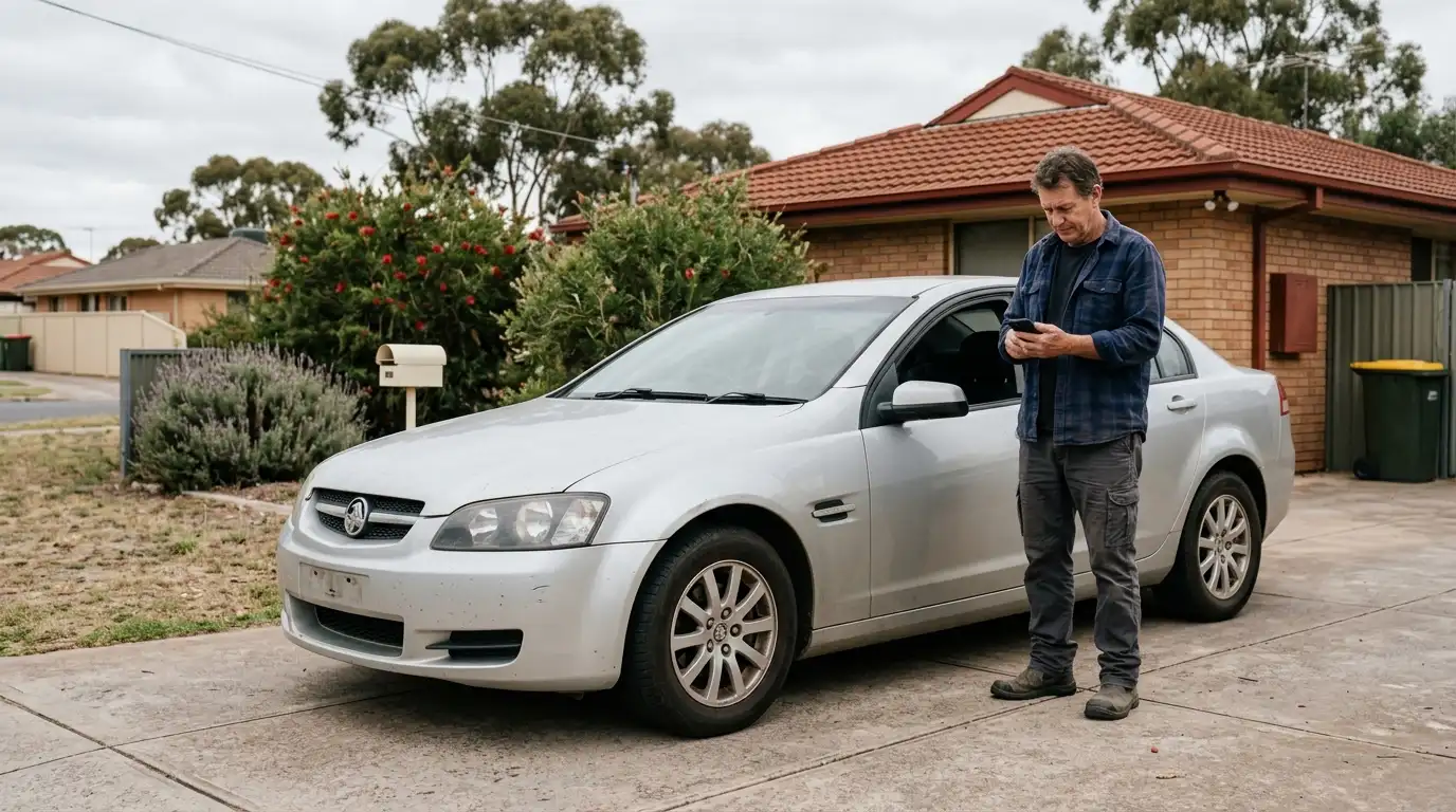 Man checking car removal quote beside unregistered Holden Commodore parked in Adelaide driveway