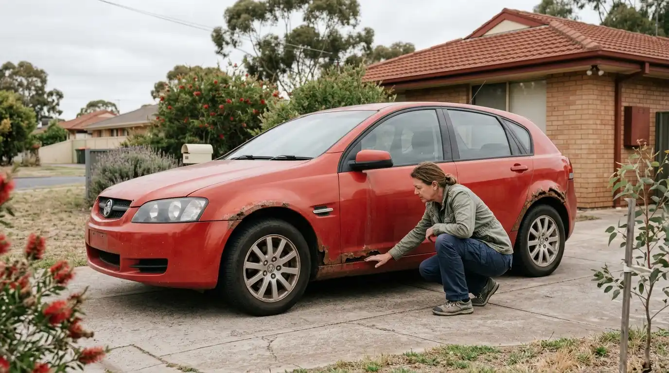 Woman inspecting rust damage on a scrap hatchback to check its scrap car value in Adelaide