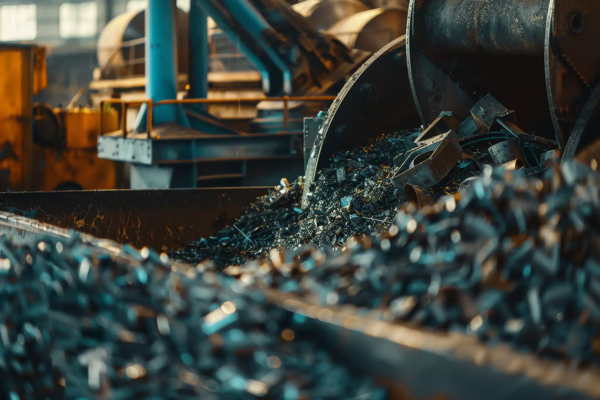 Scrap metal being processed for recovery and reuse in manufacturing