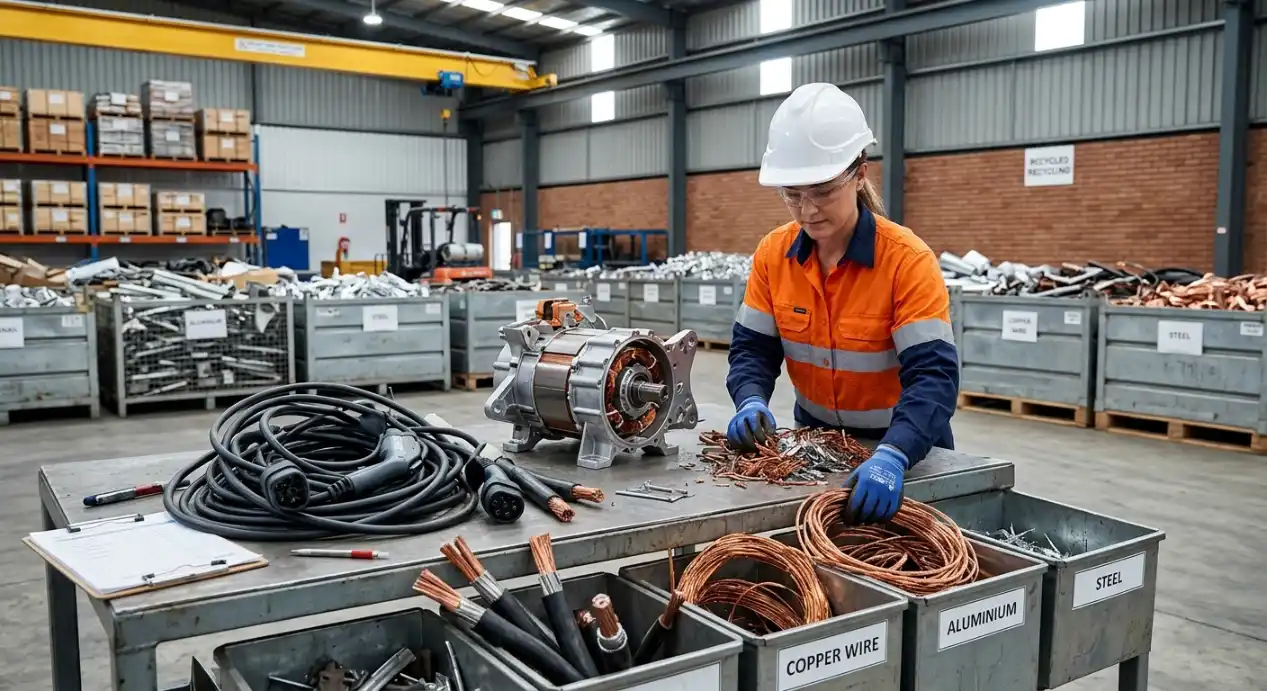  Electric vehicle motor and charging cables sorted for recycling 