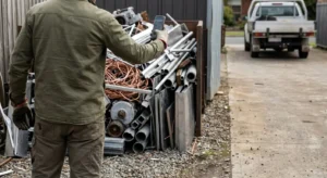 Person using a smartphone to photograph a pile of scrap metal before collection