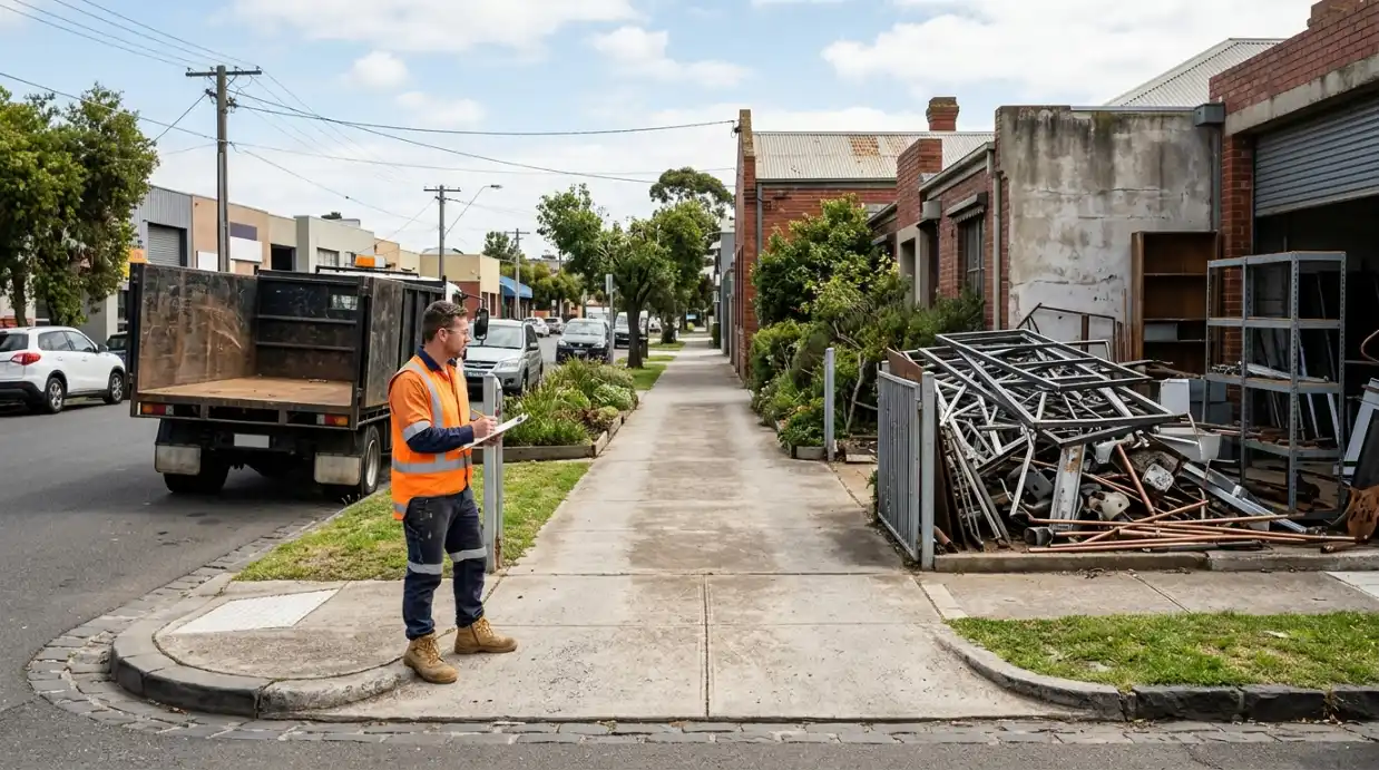 Scrap metal collection truck unable to reach a load stored behind a narrow driveway

