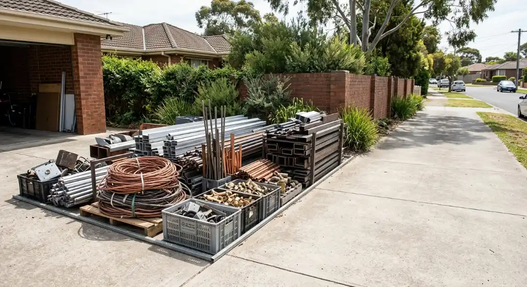  Organised scrap metal stored near a driveway and ready for collection