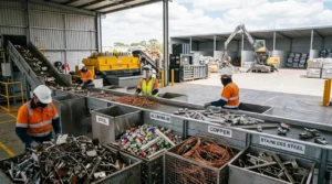 Workers sorting ferrous and non-ferrous scrap metal at a recycling facility