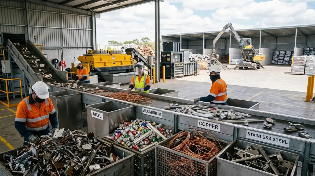 Workers sorting ferrous and non-ferrous scrap metal at a recycling facility
